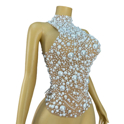 Nightclub Big Pearls Bandage Top Collection Party Shiny Rhinestones Sexy  Backless Singer Dancer Show Party Show Costume dazhu