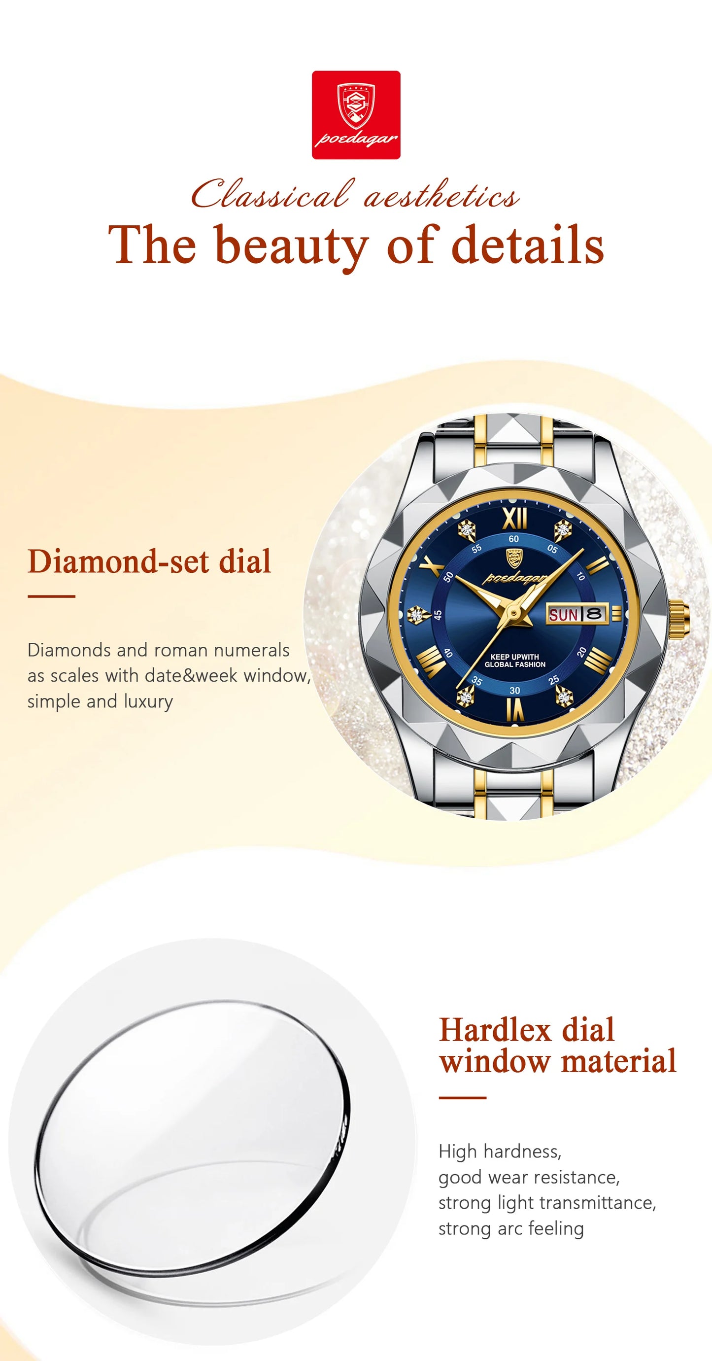 POEDAGAR Luxuriöse Damen-Kleideruhr, leuchtend, wasserdicht, Wochen- und Datumsanzeige, Damenarmbanduhr, Edelstahl-Damenquarzuhr reloj+box