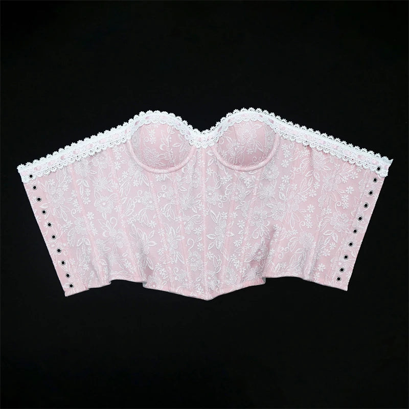 Sexy Women Pink Overbust Corset Crop Top Sweet Lace Patchwork Slim Fit Strapless Bustier Chic Party Summer Clothes Streetwear