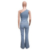 Flare Denim Pants Full Length Women Jeans One Piece Overalls Spliced Solid Jumpsuits Loose Pockets High Waist Basics Washed
