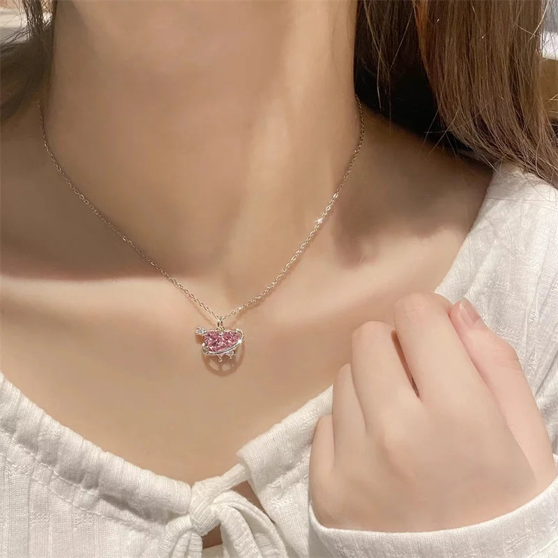 Y2K Rosa Planet Herz Zirkon Anhänger Halsketten Frauen Mode Ästhetische Schlüsselbeinkette Halskette Valentinstag Geschenk Party Schmuck