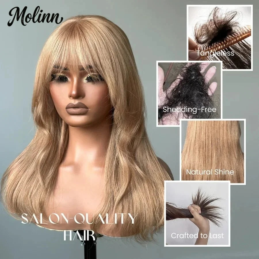 Honey Caramel Ombre Wig Layered Straight Lace Front Wig With Bangs Honey Blonde 13x4 HD Lace Wig Clearance Synthetic For Women