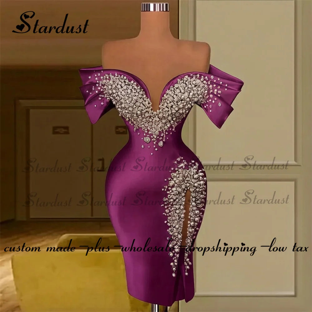 Stardust Luxury Off the Shoulder Homecoming Dress Pearls Slit Pleat Mini Saudi Arabric Illusion Cocktail Party Gown Customized