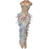 Nightclub Party Celebration Sexy Feather Rhinestone Dress Women Elastic Sleeveless Prom High Slit Dress Stage Performance Outfit