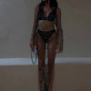 Shiny Rhinestones Grid Fishnet Dress Long Sleeve O-Neck Hollw Out Side Slit Dress Sexy Beach Cover Up Breathable Women Vestidos