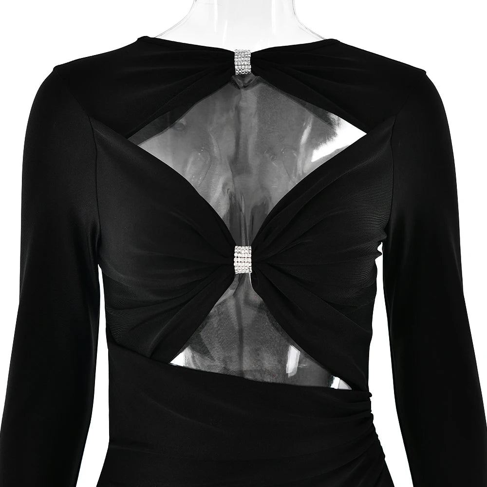 Articat Sexy Hohl Saum Langarm Elastisches Enges Kleid Damen Falten Doppellagig Weibliche Vestidos Elegantes Party Abendkleid