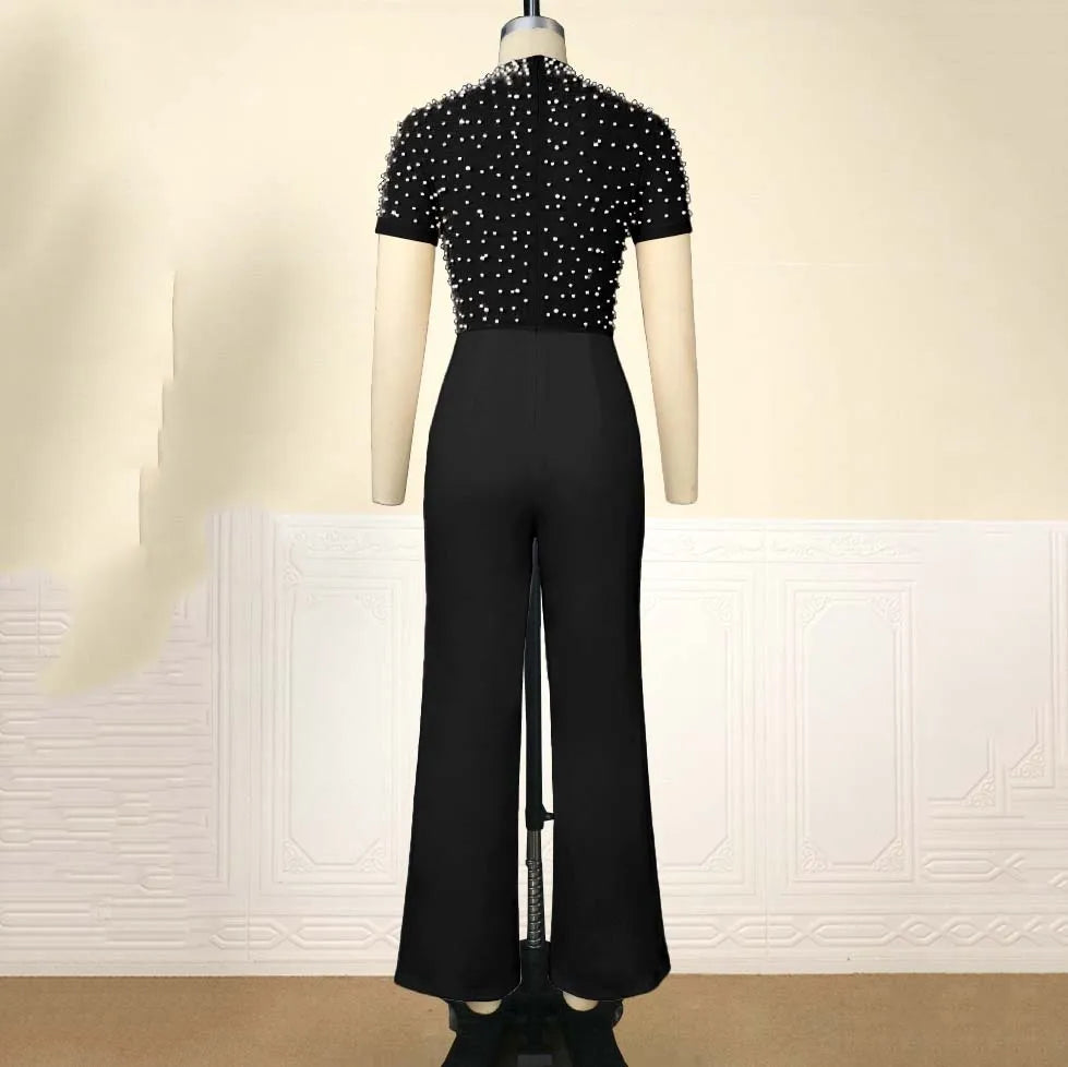 Elegante Jumpsuits & Playsuits für Damen O-Ausschnitt Kurzarm Perlenbesetzt Hohe Taille Luxuriöses Outfit für weibliche Geburtstags-Dinnerpartys