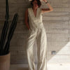 Clacive Summer White Linen Two Piece Set For Women 2023 Fashion Sleeveless Tank Top New In Matching High Waist Wide Pants Set