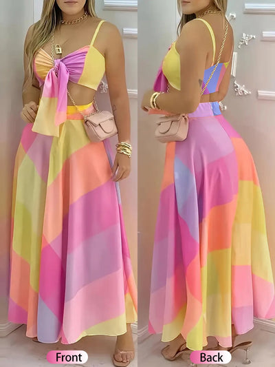 A lace-up short top with a half-length skirt and a geometric pattern women's dress set