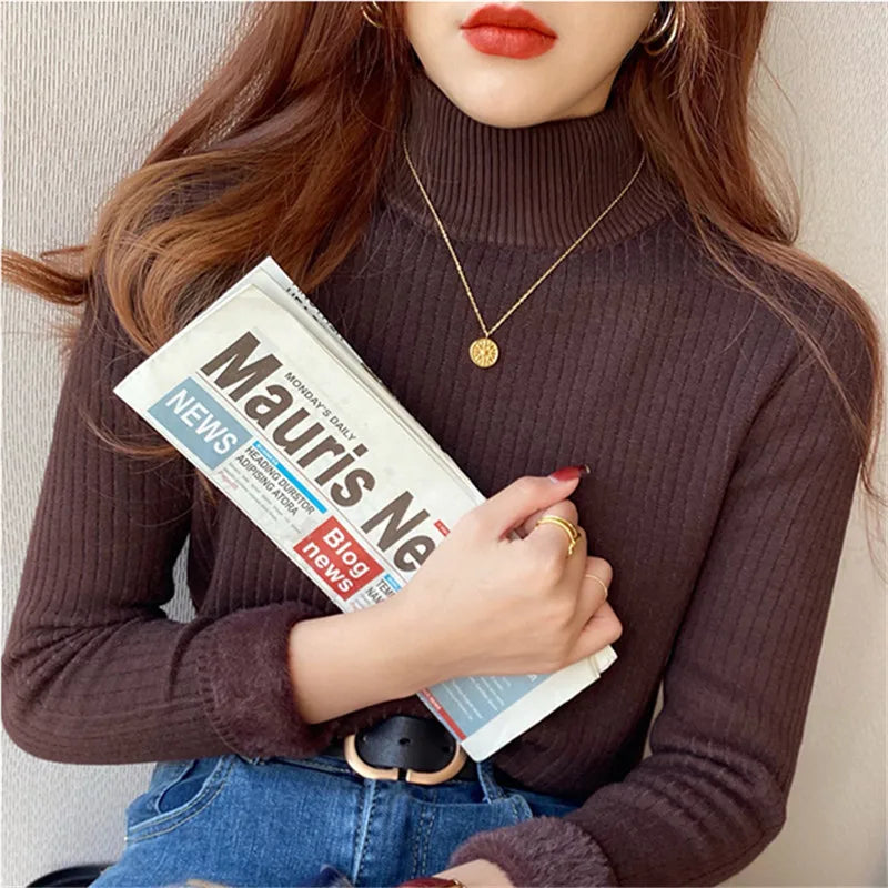 Damen Rollkragenpullover Winter 2025 Retro Rot mit Samtfutter Verdickter Innerer Thermostrickboden