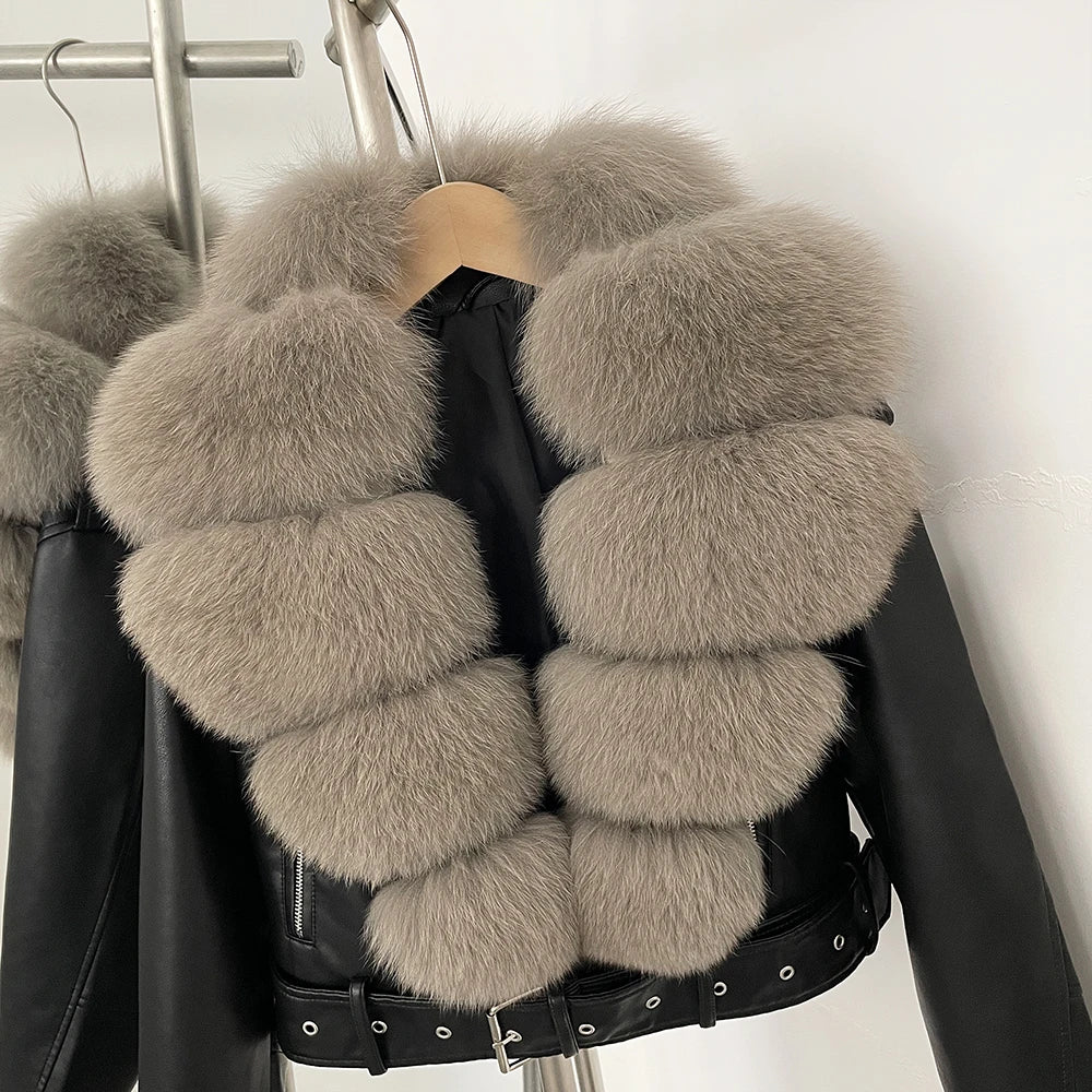 OFTBUY Natural Fox Fur Faux Leather Jacket Female New Autumn Short Top Clothing Women Long Sleeve Fake Leather Real Fur Coat