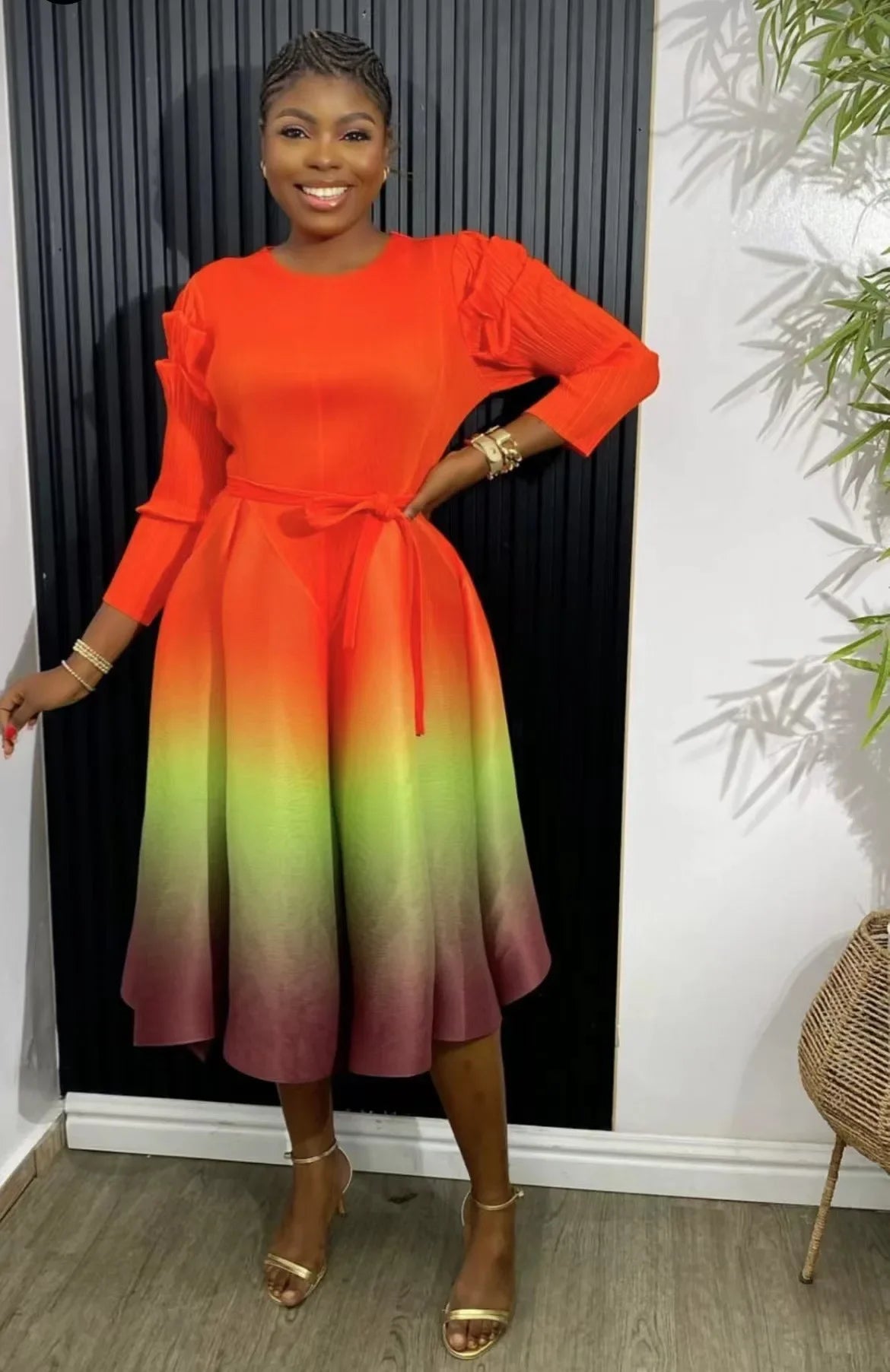 Miyake Plissiertes Maxikleid mit Farbverlauf, Rundhals, langen Ärmeln, locker sitzend, stark dehnbar, Laternenkleider für Damen, Sommer 2024, Neu