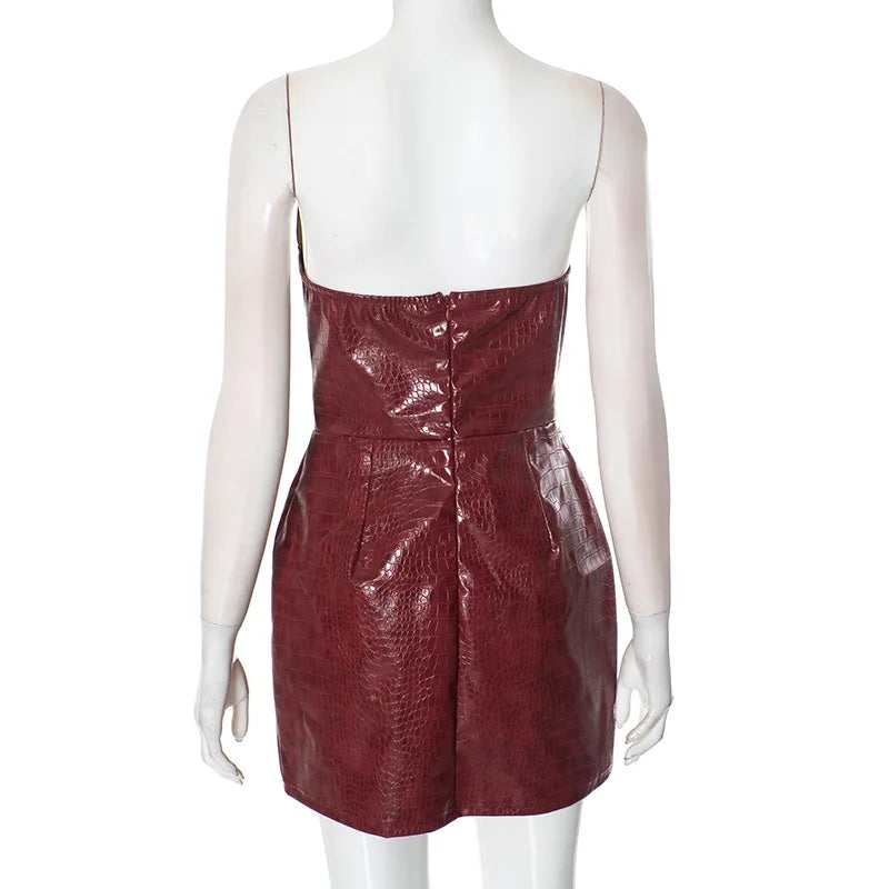 Luxuriöses trägerloses Leder-Kurzkleid Damen ärmellos rückenfrei Sexy Krokodilleder-Muster Partykleider 2025 Abend Rot Braun