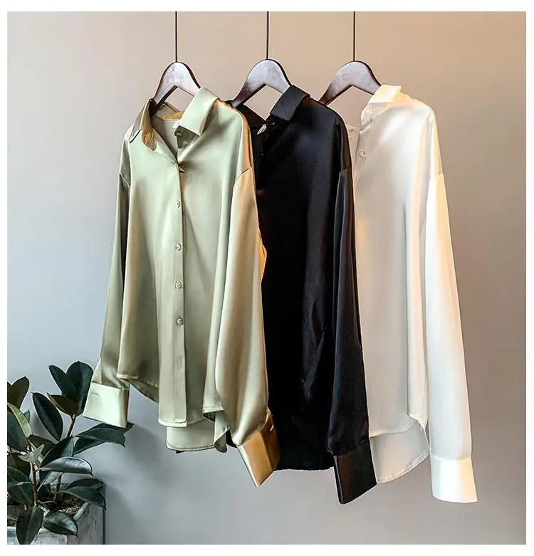 1pcs Woman Spring Autumn Satin Shirt Lady Long Sleeve Lapel Blouses Cardigans Elegance Sweet Casual Coats Girl Sunscreen Top