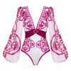 Flaxmaker Long Sleeves Majolica Series Pattern Print One Piece Swimsuit Biquini Beachwear Women Sexy Bikini Sets Swimsuit