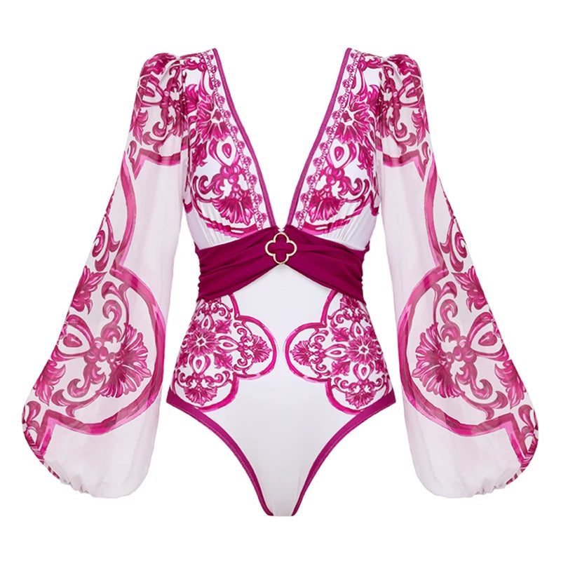 Flaxmaker Long Sleeves Majolica Series Pattern Print One Piece Swimsuit Biquini Beachwear Women Sexy Bikini Sets Swimsuit