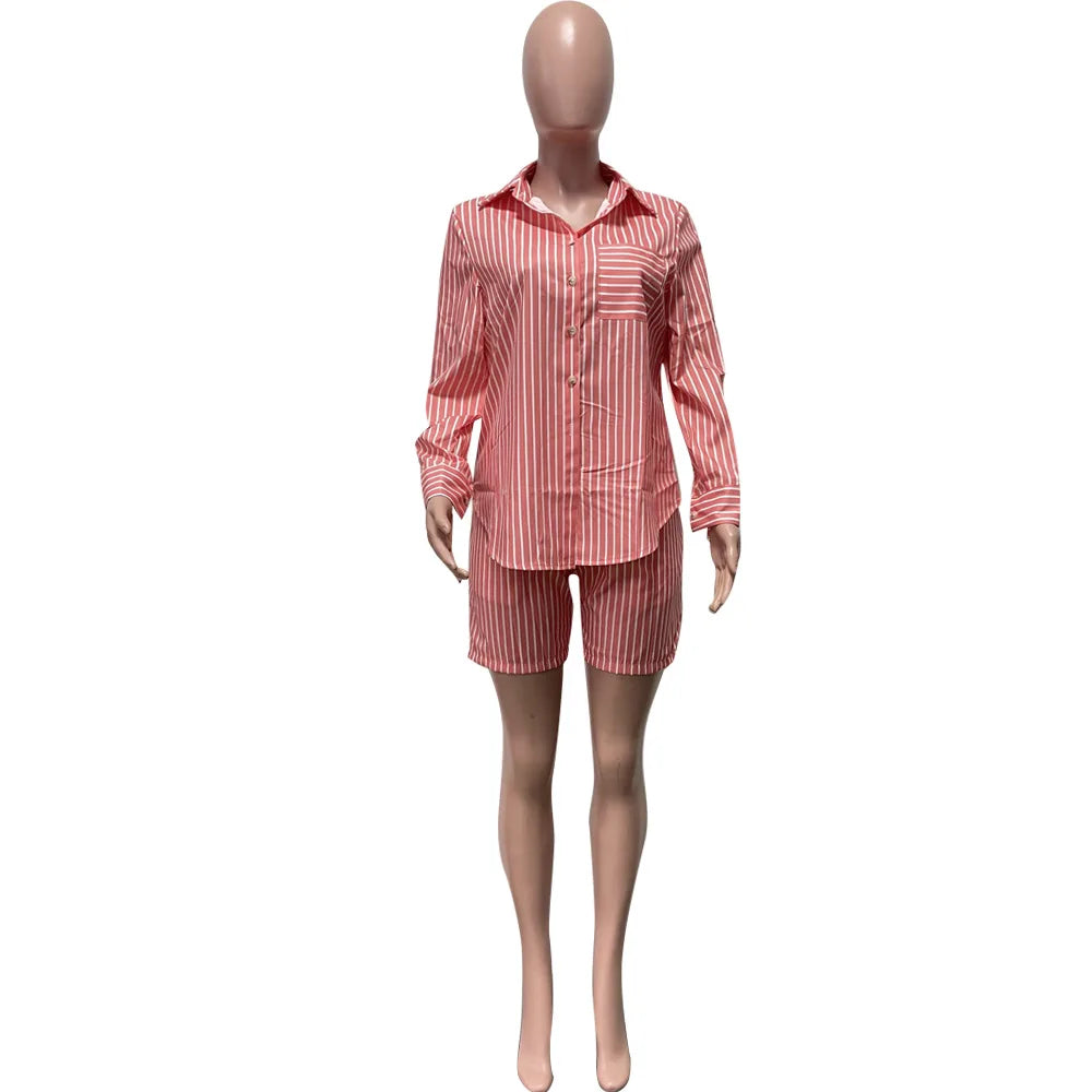 Two Piece Short Sets Women Striped Single Breasted Cardigan Blouses Shorts Elastic Waist Shirt Suit Casual Outwear Summer