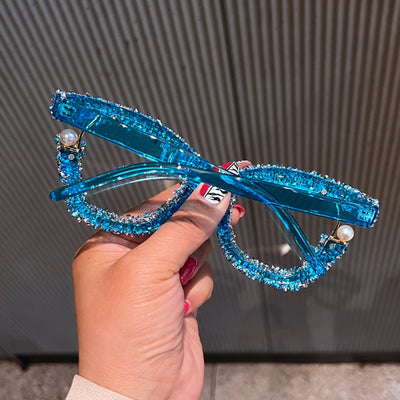 Voll diamantbesetzte Oversized-Blaulichtbrille für Damen, modische dicke eckige Computerbrille, Blau, Rot, Pink, Schwarz