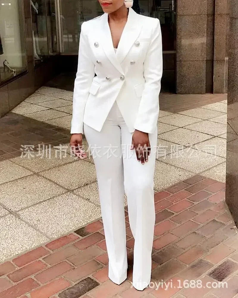 Damen-Hosenanzug, zweiteilig, Umlegekragen, weißer Blazer, elegante Mäntel, passende Sets, Arbeitskleidung, hohe Taille, lange Hosenanzüge
