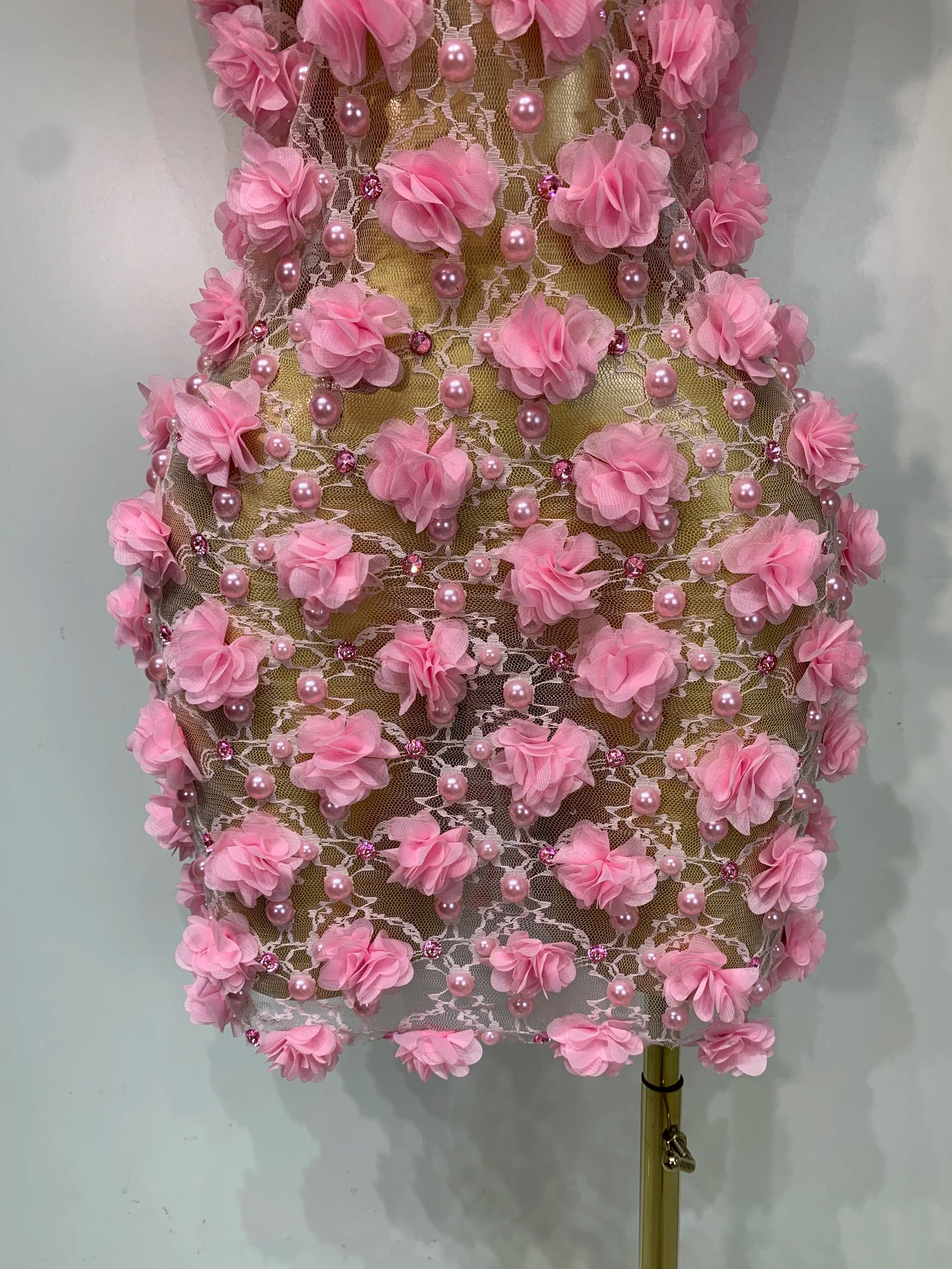 Women Luxury Pink Flowers Pearls Lace See Through Bodycon Mini Dress Birthday Photoshoot Evening Party Nightclub Stage Costume