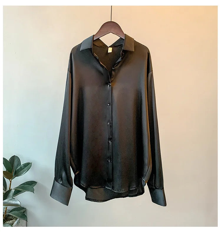 1pcs Woman Spring Autumn Satin Shirt Lady Long Sleeve Lapel Blouses Cardigans Elegance Sweet Casual Coats Girl Sunscreen Top