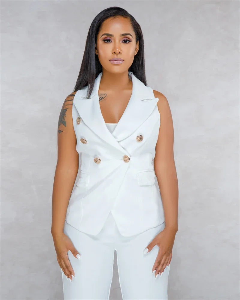 Business OL Work Wear Two Piece Pant Suits for Women Set Elegant Sleeveless Blazer Top + Pencil Pants Office Lady Matching Sets