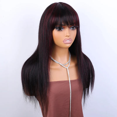 Lekker 24" lange Highlight Burgunderrot Glattes Echthaarperücken mit Pony für Frauen Brasilianisches Remy-Haar Voll maschinell gefertigte Perücken