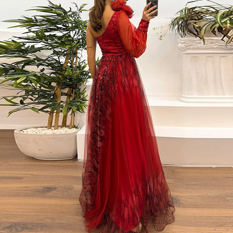 Vintage Blumenmuster Langarm High Waist Langes Kleid Sexy Asymmetrisches Mesh Abendkleid Neu Ein-Schulter-Ärmel Falten Brautjungfernkleid