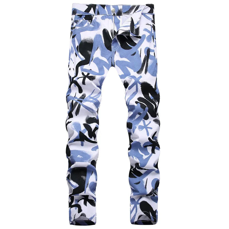 2023 New  Casual Mens Cotton Jeans Elastic Slim Skinny White Camouflage Printing Jeans Male Thin Denim Pants Vaqueros Hombre