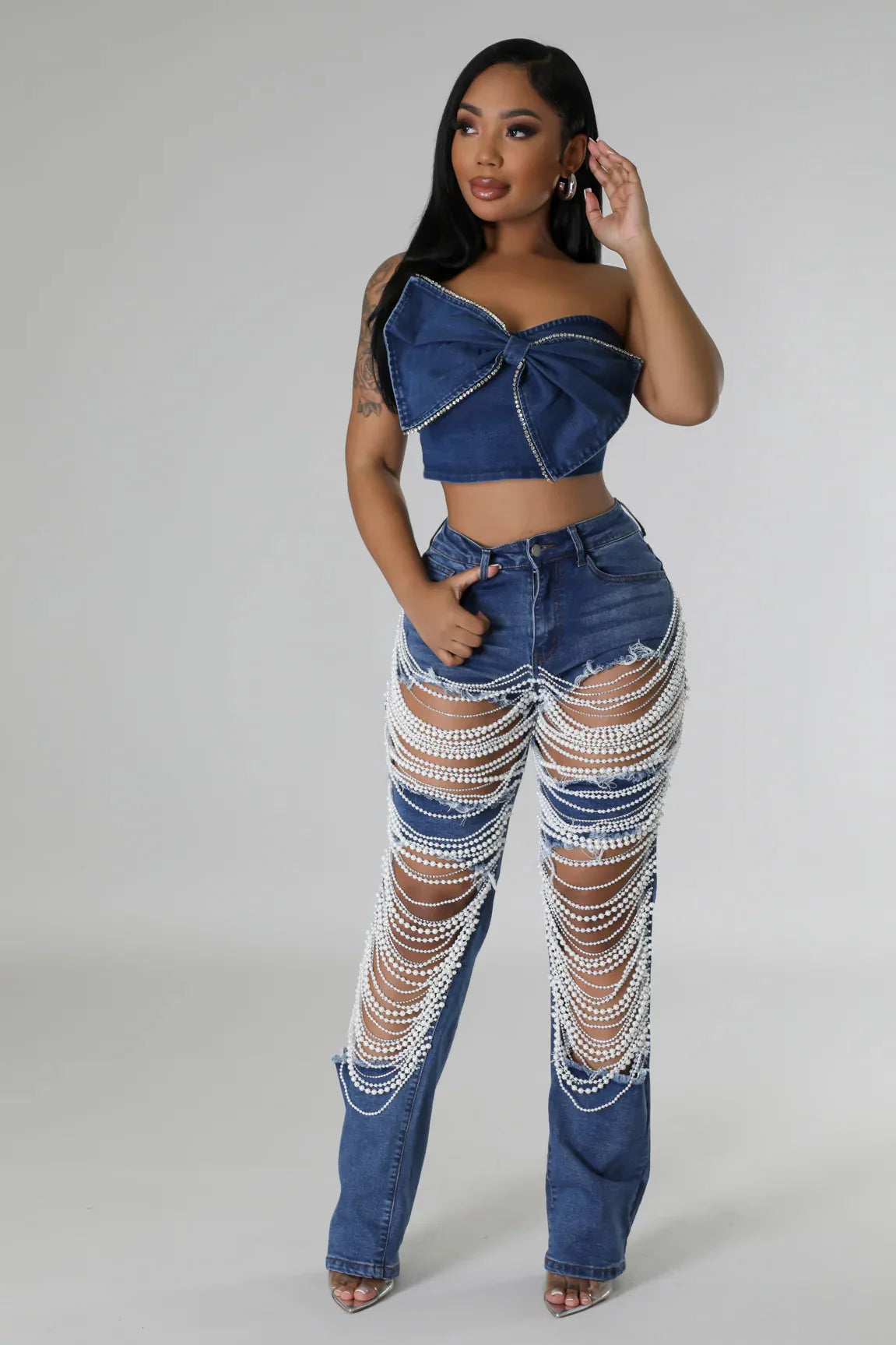 Women's Destroyed Ripped Hole Denim Pants Pearl Rhinestones Chain Distressed Slim Fit Skinny Jeans Y2K Night Club Party Jeans