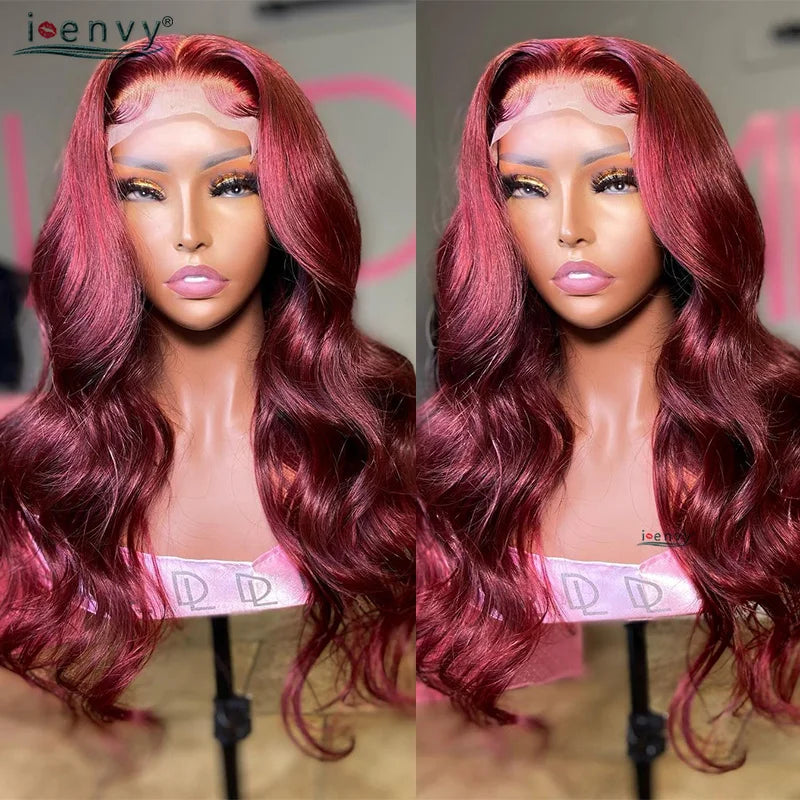 13X4 HD Transparente Lace Front Perücken Burgunderrote Echthaarperücken Vorgezupft 30 Zoll Body Wave Lace Front Perücken für Frauen Gelockt