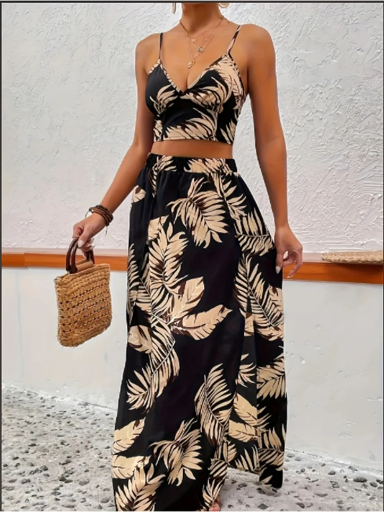 Ärmelloses Damenkleid mit tiefem V-Ausschnitt, bedruckt, hohe Schlitze, sexy Kleider, trendiger Halb-Rock, Damen-Set, leichtes, elegantes Sommer-Set