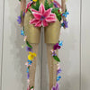 2025Sparkly Rhinestones 3D Flower Nude Mesh Transparent Jumpsut Women Evening Party Birthday Nightclub Performance Stage Costume