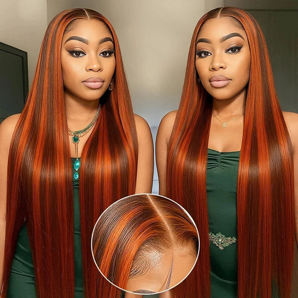 250% 4/350 Highlight Ombre Bone Straight 13x6 Lace Front 100% Human Hair Wigs Ginger Orange Brown Colored 13x4 Lace Frontal Wig
