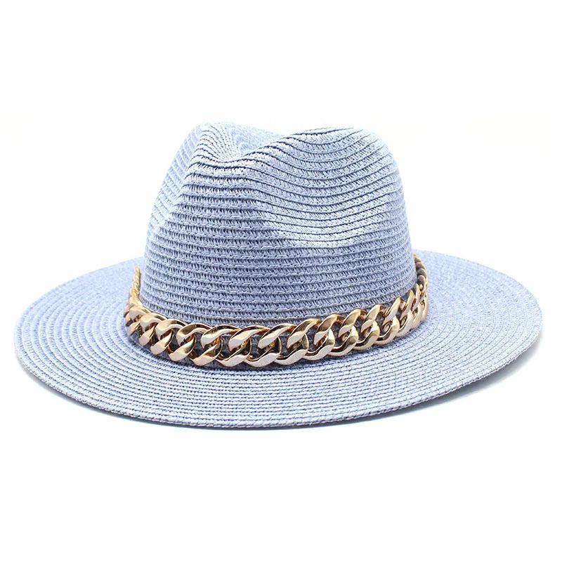 Set Straw Hat and Bag Set Gold Chain Bag Hat Set Ladies Leather Bag Tote Church Fedora Party Jazz Straw Hat