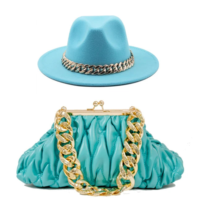 Set Straw Hat and Bag Set Gold Chain Bag Hat Set Ladies Leather Bag Tote Church Fedora Party Jazz Straw Hat