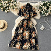 2024 Summer Women Floral Pleated Dress Vintage Turn-Down Collar Short Sleeve Single Breasted Printed Draped Midi Vestidos New