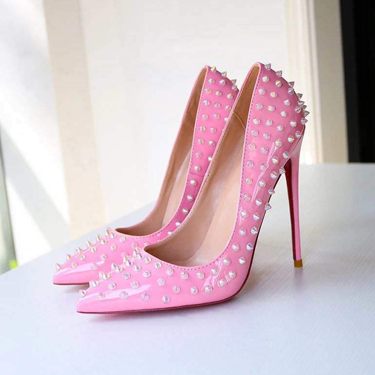 Pink studded high heels, fashionable, ultra shallow mouth, pointed toe, thin heel, hate sky, high punk style, 12CM