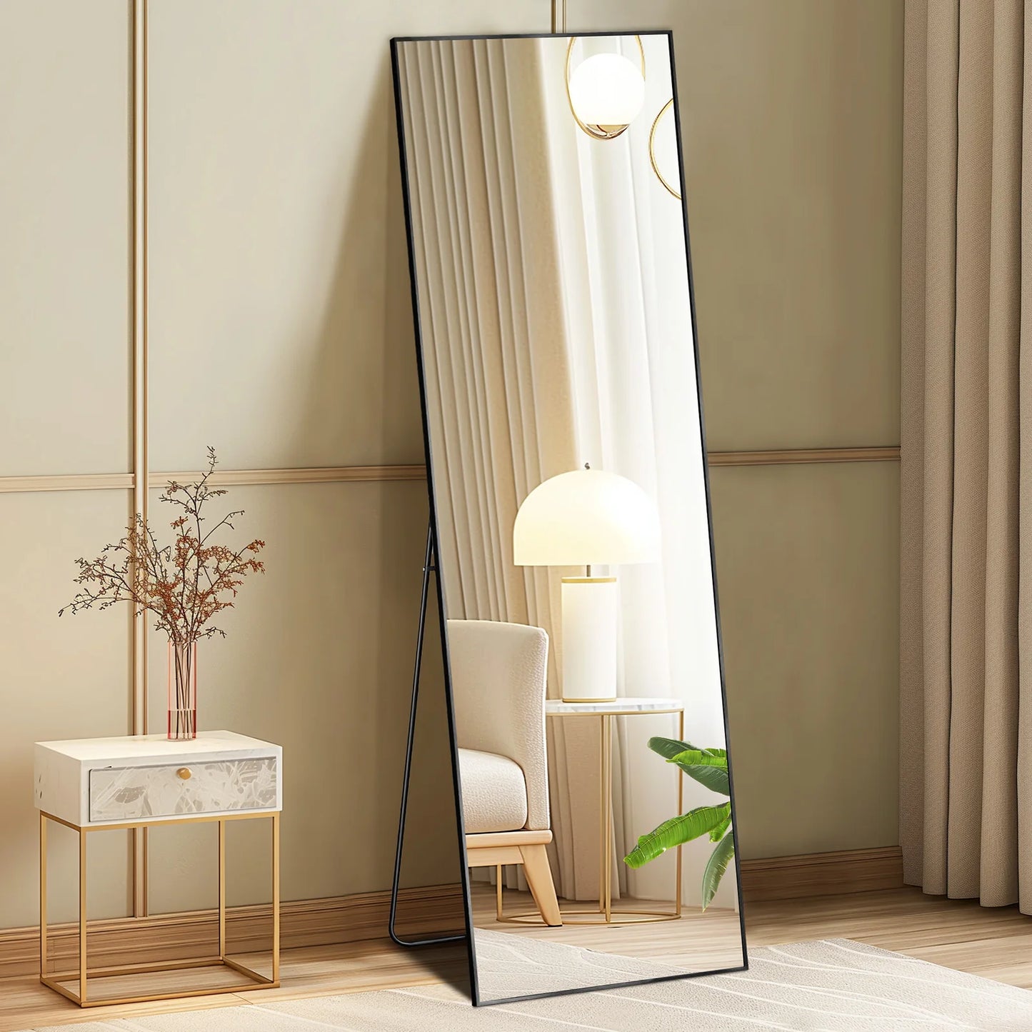 JHK 64"x21" Ganzkörper-Wandspiegel, stehend, hängend oder anlehnend, Wandspiegel mit Ständer, Rahmen aus Aluminiumlegierung, Wohnzimmer