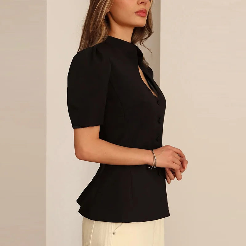 Fashion Women's Stand Collar Blazer Short Sleeve Button Puff Sleeves Solid Lady Top 2025 Summer Autumn Elegant Female Coat