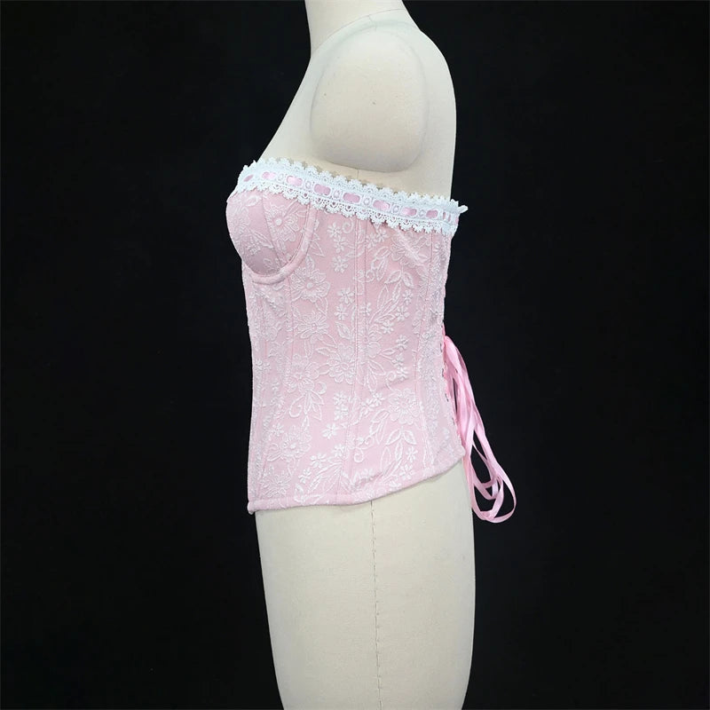 Sexy Women Pink Overbust Corset Crop Top Sweet Lace Patchwork Slim Fit Strapless Bustier Chic Party Summer Clothes Streetwear