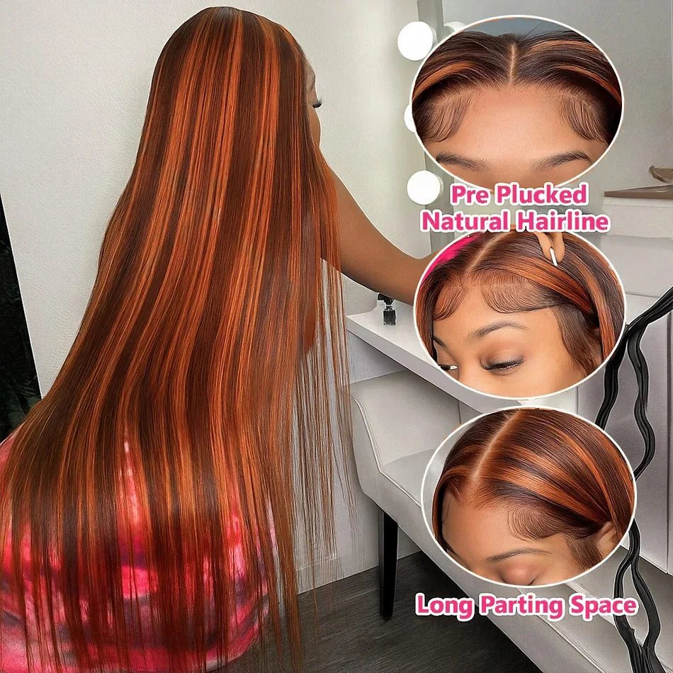250% 4/350 Highlight Ombre Bone Straight 13x6 Lace Front 100% Human Hair Wigs Ginger Orange Brown Colored 13x4 Lace Frontal Wig