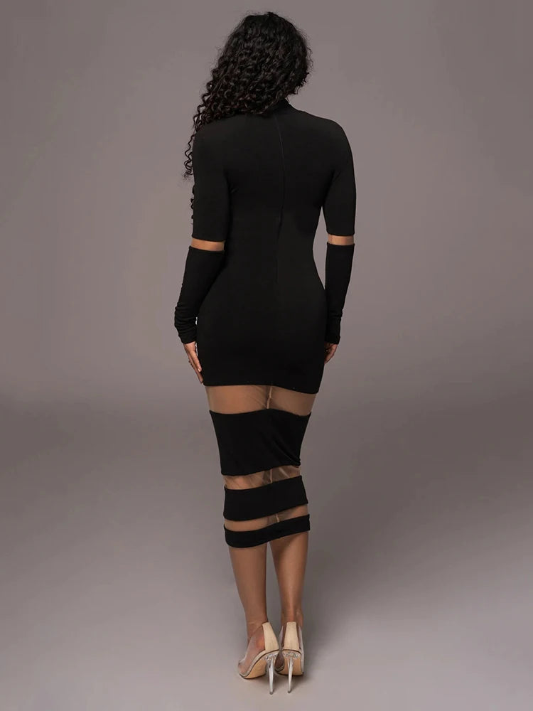 Articat Mesh Patchwork Perspective Long Sleeve Dress For Women's Tight Fit Midi Female Dress Fashion Street Party Club Vestidos