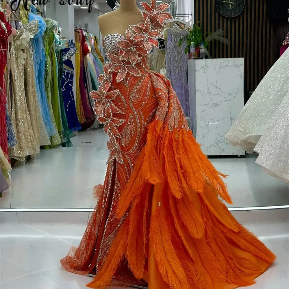 Luxurious Orange Formal Prom Party Dress Aso Ebi Wedding Engagement Gown 3D Lace Feather Long Celebrity Dress Customized 2025