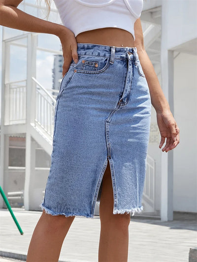 Damenblauer Jeansrock mit Frontschlitz, Taschen, hoher Taille, schmal, Reißverschluss, Midiröcke 2023, Frühling, weibliche Freizeit-Streetwear