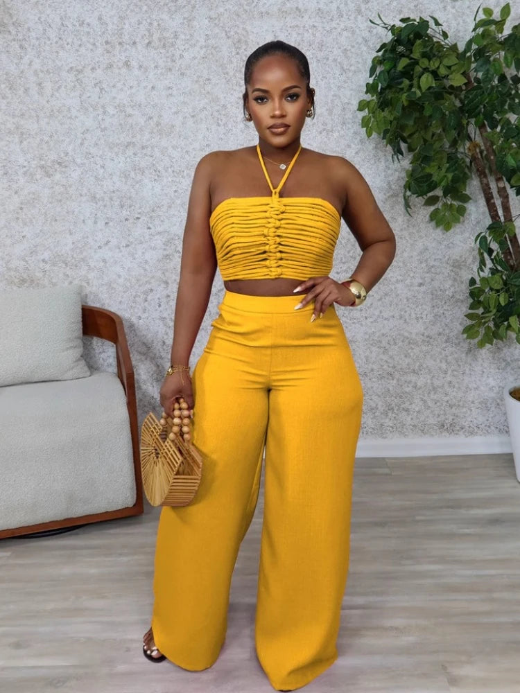 Pant Set Women Two Piece Sets Sexy Sleeveless Tops Drawstring Wide Leg Long Pants High Waist Y2k Streetwear Elegant Splice