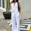 Clacive Summer White Linen Two Piece Set For Women 2023 Fashion Sleeveless Tank Top New In Matching High Waist Wide Pants Set