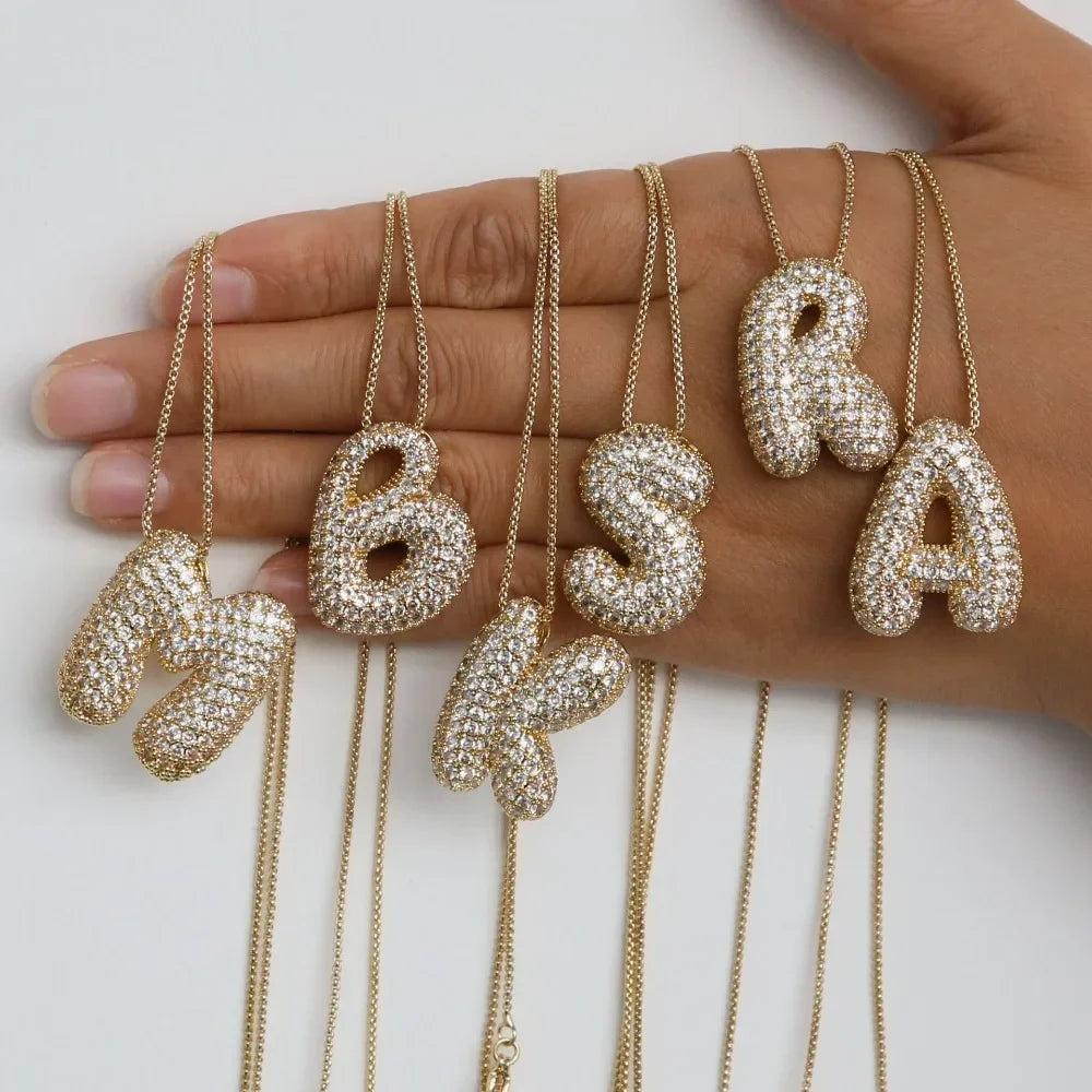 18K Vergoldet Wasserdicht Dicke Blase Alphabet Buchstabe Schlüsselbein Halskette Funkelnder Strass Ballon Initialen Schmuck