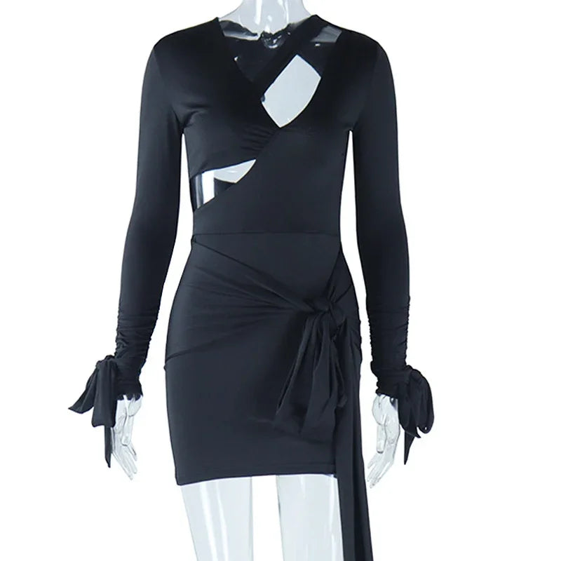 Elegant Black White Bodycon Dresses for Woman Long Sleeve Hollow Out Lace-Up Backless Bandage Party Dress Club Vestido Branco