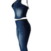 HLJ&GG Blue Fashion Denim Halter Two Piece Sets Women Sleeveless Backless Slim Crop Top And Skinny Jean Pants Outfits Streetwear